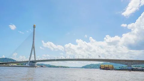 Cable Stayed Bridge Over River Under Blue Sky Stock Photos