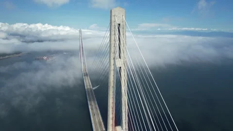 Cable-stayed bridge over the Sea of Japan on the background of the city seap,foo Stock Footage 246023492