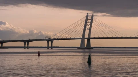 A cable-stayed bridge over the ship's fairway. Stock Footage 130167654