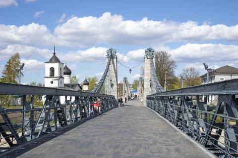 Cable-stayed bridge over the Velikaya River. Ostrov, Pskov region, Russia Stock Photos