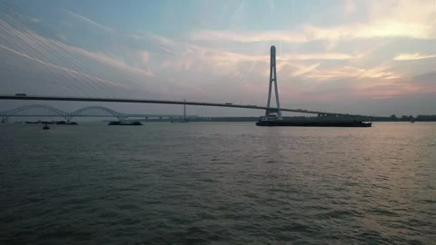 Cable Stayed Bridge Over The Yangtze River At Sunset in Nanjing, China Stock Footage 344039629