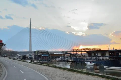 Cable-stayed bridge on river Stock Photos