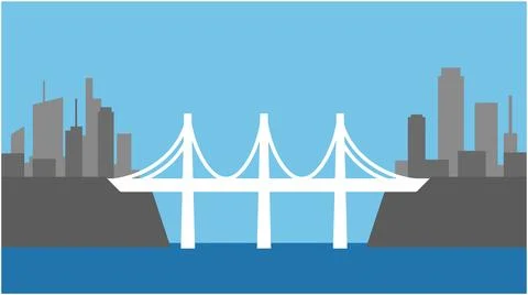 Cable stayed bridge spanning over a river near an urban city skyline 스톡 일러스트