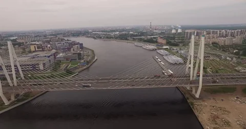 Cable-stayed bridge in St. Petersburg, Russia over the Neva River Video stock 71356827