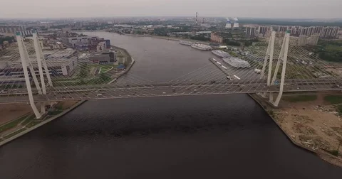Cable-stayed bridge in St. Petersburg, Russia over the Neva River Video stock 71356838