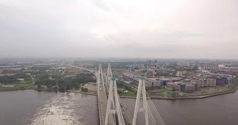 Cable-stayed bridge in St. Petersburg, Russia over the Neva River Video stock 71356871