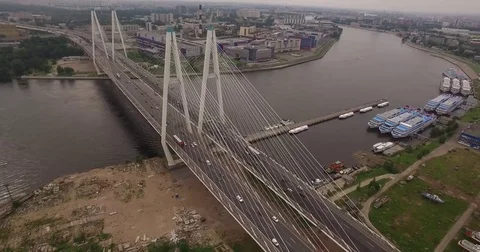 Cable-stayed bridge in St. Petersburg, Russia over the Neva River Video stock 71357013