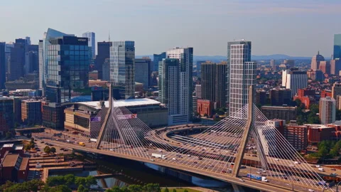 Cable stayed bridge structure with Boston skyline background Stock Footage 340551251