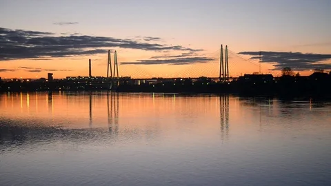 Cable-stayed bridge at sunset. Stock Footage 76430384