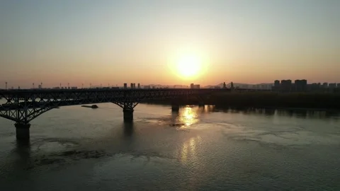 Cable Stayed Bridge At Sunset in Nanjing, China Stock Footage 344039528