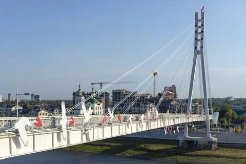 Cable-stayed bridge support in the urban landscape. Tura River, Tyumen Stock Photos