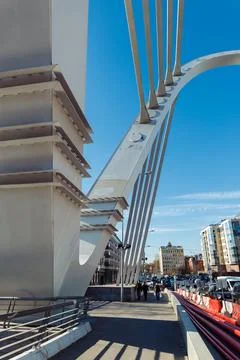 Cable stayed bridge supports, cable stays and blue sky. Lazarevsky Bridge Stock Photos