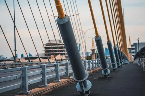 Cable-stayed bridge suspension cables anchor connection deck, steel strings base Stock-Fotos