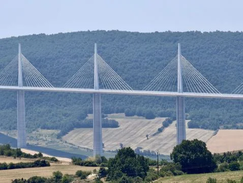 Cable stayed bridge with tall concrete pylons and radiating steel cables cr.. Stock Photos