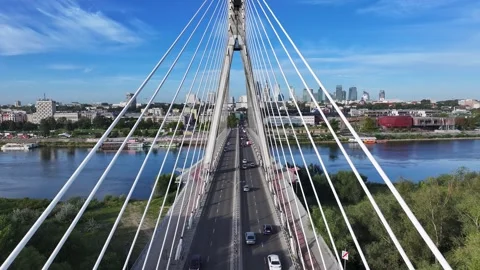 Cable Stayed Bridge In Warsaw In Mazovia Poland. Stock Footage 345099659