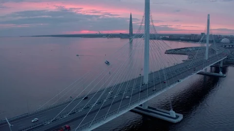 Cable-stayed bridge where Lakhta Center is visible 스톡 동영상 120308068