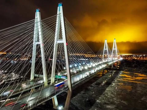 Cable-stayed evening bridge with lighting. Russia, Saint Petersburg Stock Photos