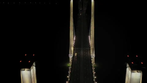 A cable-stayed highway bridge with tall concrete pylons illuminated by Stock Footage 257701866