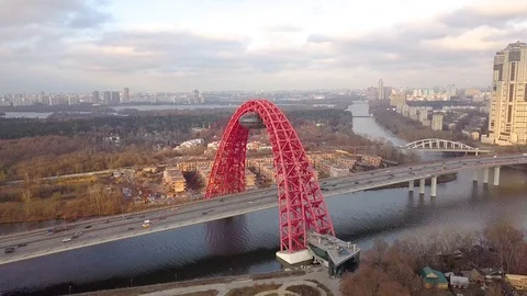 Cable stayed Picturesque bridge and car traffic in developing Moscow city Stock Footage 87842463