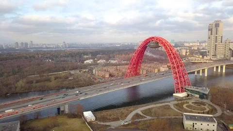 Cable stayed Picturesque bridge over Moscow river and car traffic drone view Stock Footage 87843078