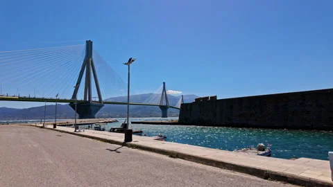Cable-Stayed Rio Bridge, slow motion angled reveal, Gulf of Corinth, Stock Footage 283721091