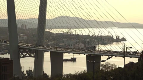 Cable-stayed road bridge stands over the strait on which the ship is floating Stock Footage 134886339
