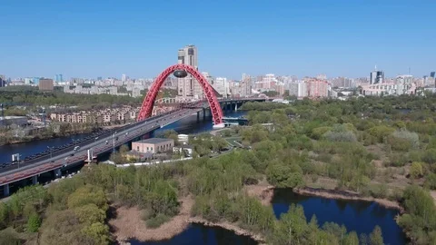 Cable-stayed suspension bridge car traffic highway Stock Footage 107096486