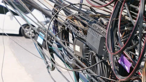 Cable Tangle On Electricity Pole, Close Up, Outdoor Stock Footage 262143872