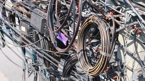 Cable Tangle On Electricity Pole, Close Up, Outdoor Stock Footage 262144020