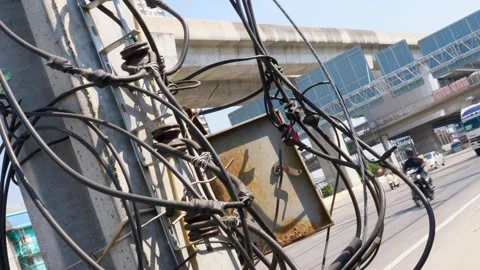Cable Tangle On Electricity Pole, Close Up, Outdoor Stock Footage 262144984