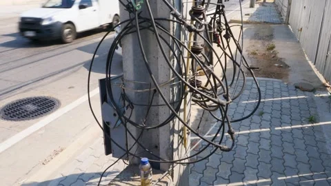 Cable Tangle On Electricity Pole, Close Up, Outdoor Stock Footage 262145975