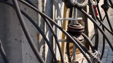 Cable Tangle On Electricity Pole, Close Up, Outdoor Stock Footage 262212484