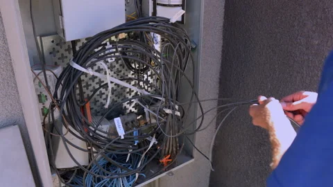 Cable technician handles wiring at the Dmarc point Stockbeeldmateriaal 312358014