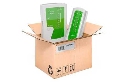 Cable tester inside cardboard box, delivery concept. 3D rendering Stock Illustration