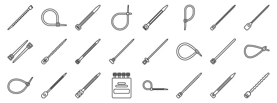 Cable ties icons set. Cable ties in different shapes and a box of cable tie.. Illustrazione stock