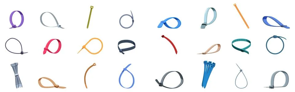 Cable ties icons set. Set of colorful cable ties are displayed, showcasing th Stock Illustration