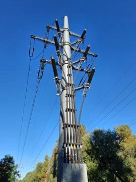 Cable transition pole. Transition structure overhead to underground. Power .. Foto stock