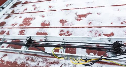 Cable tray outside with telecommunications cables, ground cables, optic fiber Stock Photos