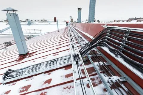 Cable tray outside with telecommunications cables, ground cables, optic fiber Stock Photos