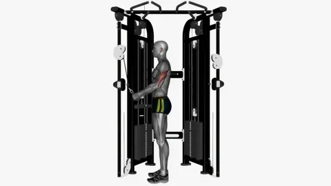 Cable triceps push down v bar exercise fitness workout animation male muscle Vidéo 227560275