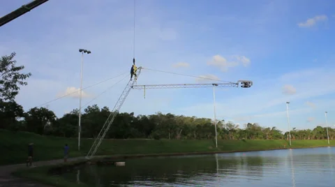 Cable Wake Park industry. Removing tower. Rebuilding cable park. Stock Footage 32499342