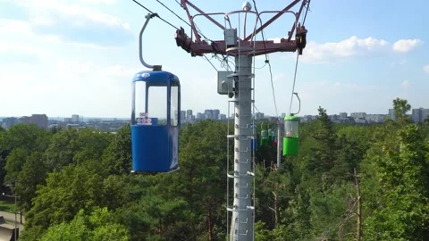 The cable way with different colored cabins at the public park. Stock Footage 169362076