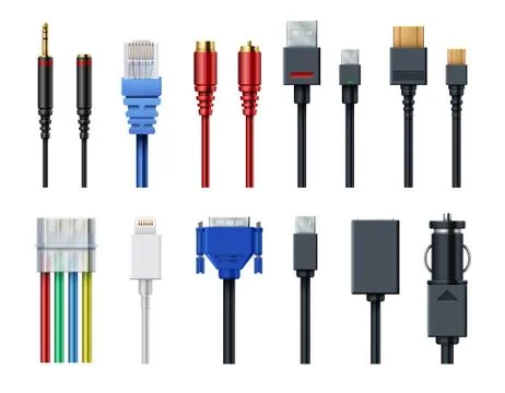 Cable wire computer video, audio, usb, hdmi, network and electric conectors and Stock Illustration