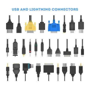 Cable wire set. Collection of audio and video connector. Illustrazione stock