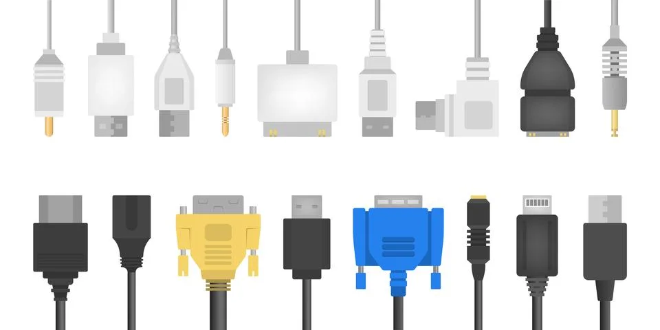 Cable wire set. Collection of audio and video connector. Stock Illustration