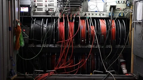 Cables and control panel detail from a television broadcasting truck Stock Footage 98863729