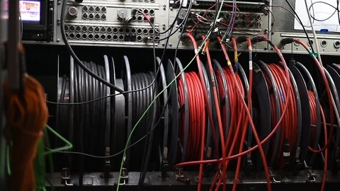 Cables and control panel detail from a television broadcasting truck Stock Footage 98863885