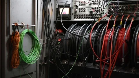 Cables and control panel detail from a television broadcasting truck 스톡 동영상 98863929