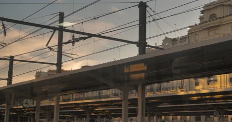 Cables and structures when the train leaves the station seen from the window Stock Footage 216544848