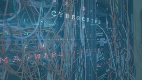 Cables in a computer server room with moving data security messages Video stock 112904545